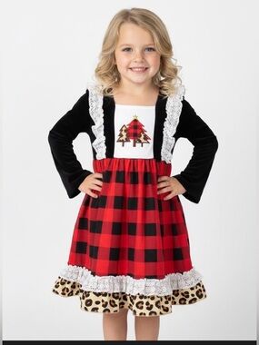 🎀 Girl’s Plaid & Leopard Long Sleeve Dress – Size 5/6 🎀